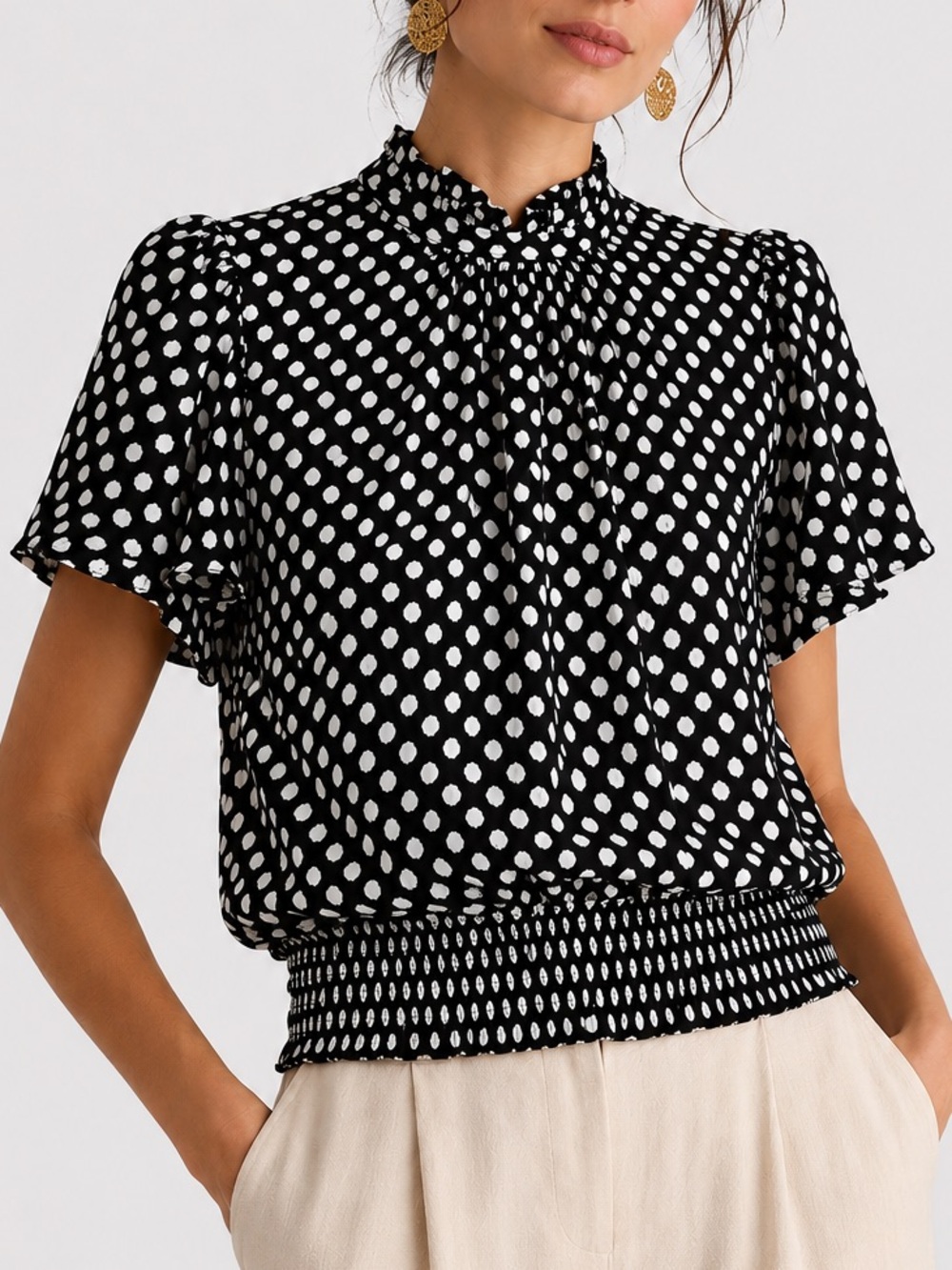 Rose + Olive Black & White Polka Dot Chiffon Top Medium
